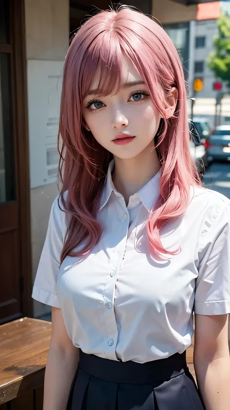 ((best quality, 8K, masterpiece)), ultra-detailed, sharp focus, 1 beautiful woman, highly detailed face and skin texture, ((beautiful eyes)), (pink hair), collared shirts, skirt, white panties