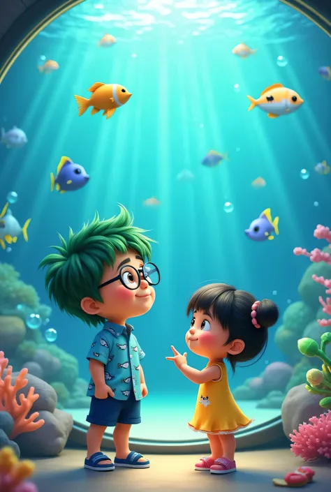 "A cute, Owo, , with green slightly messy hair, big black round glasses, wearing a blue short-sleeved Hawaiian shirt with a fish pattern, navy blue shorts, and blue sandals. Owo is standing beside Uwu, looking into a large aquarium with fascination, watchi...