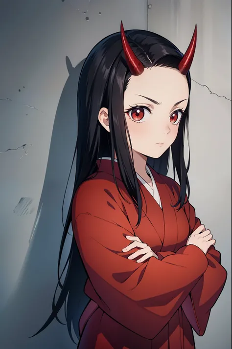 (masterpiece, best quality:1.2), kimetsu no yaiba style, kiyomi, (upper body, portrait, front view), (1girl, solo), (black long hair, straight hair, forehead), (red demon horns, red eyes), (worried expression, looking at viewer), crossed own arms , kimono,...