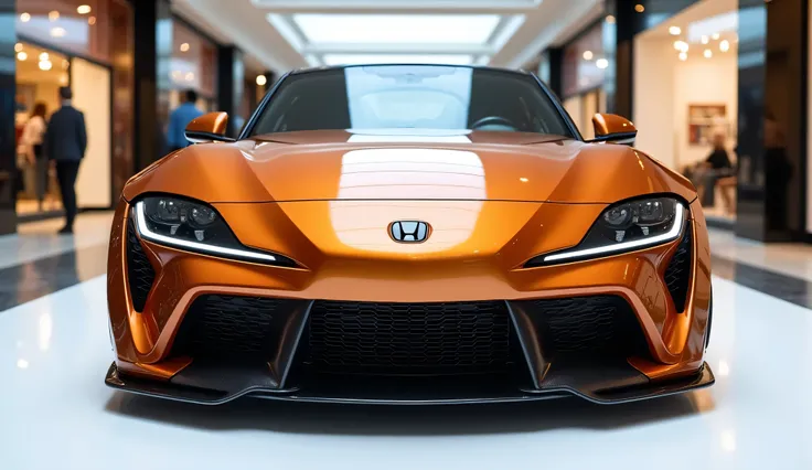  A full (front right left) view photo of a modified (2025 Honda S2000) with a sleek, full design. Full (front left right) view, The car is (dark orange) and has a (dark orange) . This car logo is displayed on the white grille. The car is parked on a white ...