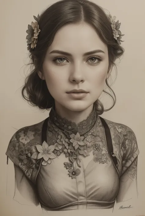 Charlie Bowater realistic Lithography sketch portrait of a woman, flowers, [gears], pipes, dieselpunk, multi-colored ribbons, old paper texture, highly detailed