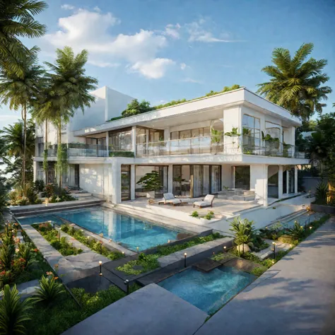 exterior of luxury villa, style modern with pool, streetcapes, clear sky, few cloud, interior warm lighting, morning sunlight,minimalist landscaping, featuring lush greenery, textured walls, and natural materials. The villa is set under a blue sky with sca...
