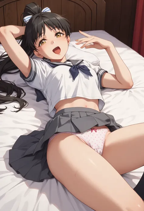 An image of Ren Hazuki with long blackbhair and ponytail , wearing a sailor fuku and gray skirt ,  lying on the bed with her legs spread showing her panties while singing and dancing.