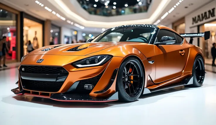  A full ( right left) view photo of a modified (2025 Honda S2000) with a sleek, full design. Full ( left right) view, The car is (dark orange) and has a (dark orange) . This car logo is displayed on the white grille. The car is parked on a white surface. T...