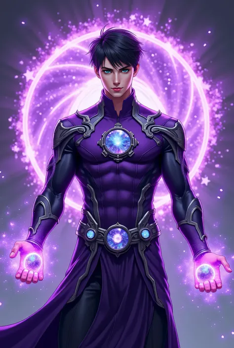 “Full Body. A Purple Magic-powered 25-year-old Russian White male Mage in a Purple and black skin-tight muscle-defining outfit with Silver and Blue metal details. Creating purple magic spheres with time symbols in them around his hands. Holographic purple ...