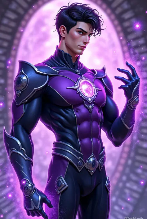 “Full Body. A Purple Magic-powered 25-year-old Russian White male Mage in a Purple and black skin-tight muscle-defining outfit with Silver and Blue metal details. Creating purple magic spheres with time symbols in them around his hands. Holographic purple ...