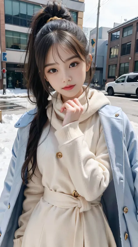 European Streets,Snowy cityscape,outdoors,Hair style: ponytail,wearing a deep navy blue winter coat with a fur-lined hood and cuffs. The coat is elegantly tailored, double-breasted with gold buttons, and has a slightly flared silhouette, giving it a stylis...