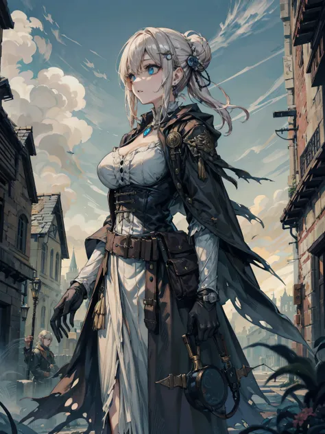 cowboy shot, earring, big breasts, narrow waist, half updo, hair ornament, black hair, black gloves, belt, coat, torn clothes, Capulet, handguard, Vambraces, black Capulet, hunters Bloodborne curse, gothic architecture, jewelry, outdoor,