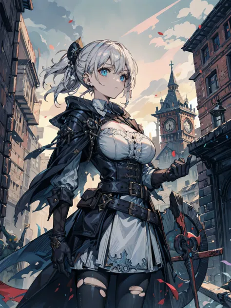 cowboy shot, earring, huge breasts, narrow waist, half updo, hair ornament, short hair, black hair, black gloves, belt, coat, torn clothes, Capulet, handguard, Vambraces, black Capulet, hunters Bloodborne curse, gothic architecture, jewelry, outdoor,