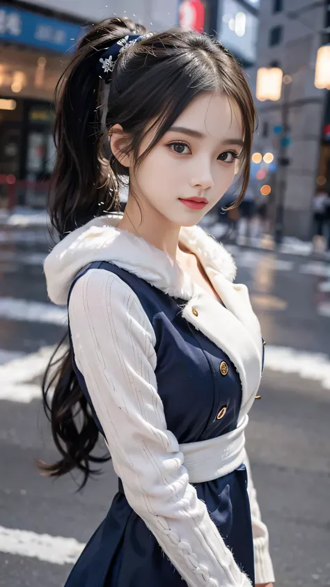 European Streets,Snowy cityscape,outdoors,Hair style: ponytail,wearing a deep navy blue winter coat with a fur-lined hood and cuffs. The coat is elegantly tailored, double-breasted with gold buttons, and has a slightly flared silhouette, giving it a stylis...