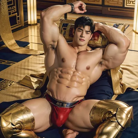 A strikingly handsome 18-year-old Chinese emperor with a face resembling Korean actor Kim Bum or Lee Min Ho, possessing an incredibly muscular and Hulk-like physique. His legs are especially emphasized, with massive, muscular thighs and calves, covered in ...