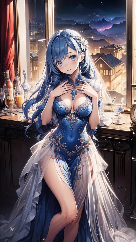 quality、image quality、 masterpiece、 girl ((Sixteen years old、Best Bust、 medium bust 、obsessed、 sexy pose 、Lay flat,blue slightly curly hair、Slender、Grand Canyon、 silver blend tulle dress 、transparent white yarn )）高quality、 exquisite art 、 Background and  (...