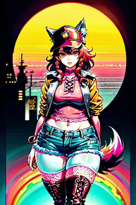 (best quality:2.0), (crisp:2.0), (highres:2.0), (((a rich yellow and pink gradient wolf tail:2.0))), anime, full body:2.0, (single image), (solo beautiful lady:2.0), (masterpiece:2.0), (detailed face:2.0), (detailed eyes:1.4), ((denim shorts:2.0)), ((thick...