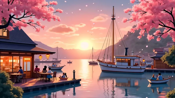 landscape, cozy port, ship, lofi, chill, room, coffee shop by beach, sunset, sunset vibe, sundown, japanese animation illustration style