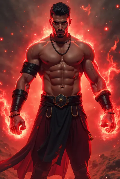 “Full Body. A Red Magic-powered 25-year-old Egyptian male Mage in Black and red skin-tight pants with cobalt metal details. Shirtless. Creating red energy around his fists. Black metal bands on the biceps. Black metal wristbands. Holographic red magic with...