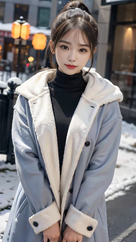 European Streets,Snowy cityscape,outdoors,Hair style: ponytail,wearing a deep navy blue winter coat with a fur-lined hood and cuffs. The coat is elegantly tailored, double-breasted with gold buttons, and has a slightly flared silhouette, giving it a stylis...