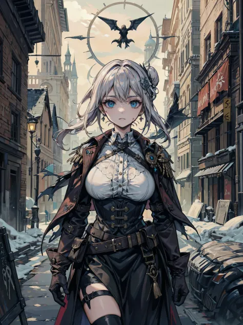 earring, big breasts, narrow waist, half updo, hair ornament, very short hair, black hair, black gloves, belt, coat, torn clothes, Capulet, handguard, Vambraces, black Capulet, hunters Bloodborne curse, gothic architecture, jewelry, outdoor,