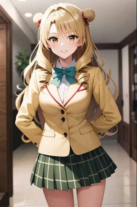 masterpiece, best quality, highres, 1girl, solo, long hair, blonde hair, double bun, drill hair, brown eyes, school uniform, green bowtie, blazer, yellow jacket, long sleeves, plaid skirt, green skirt, standing, cowboy shot, in luxury hotel, smile, rouge l...