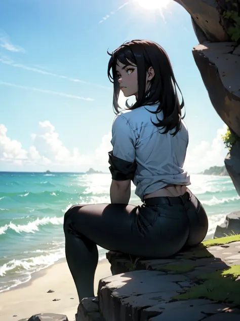 she's sitting on a tall cliff overlooking the ocean it's rocky not a beach the breeze of the ocean is lifting her hair as she thoughtfully gaze at the horizon it's a cloudy day and somewhat gloom. black hair yellow eyes pale skin huge muscles girl from beh...