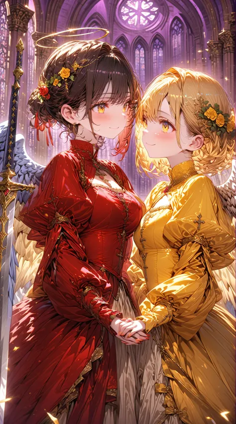 (( Masterpiece,  high image quality ,8k)),((  very detailed , perfect picture with roses)),( perfect anatomy),(ultra detailed),(Church wedding),(There are two women),((A has dark hair and a dark complexion)),((B has blond hair and white skin)),(The two are...