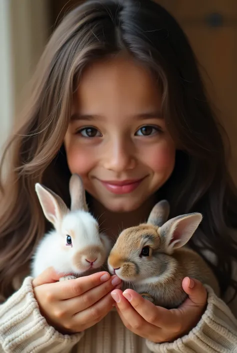 Tell me about my daughter Anyuta, which ,  very dark brown long hair slightly wavy,  beautiful cheekbones,  open smile , so big and beautiful ,  that she develops wrinkles around her eyes ,  feeding little rabbits 