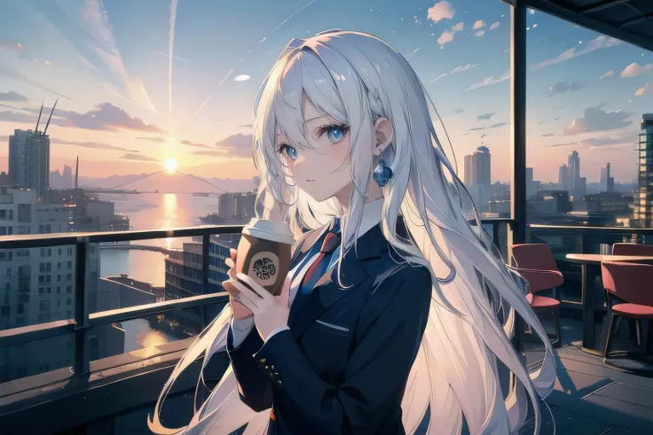 (masterpiece), (best quality), ultra detailed, finely detailed color, cenematic painting, ((holding coffee)), urban, sunset, twilight, dusk, rooftop, cityscape, bishoujo, ((one lady)), ager, cute face, white hair, absurdly long hair, straight hair, ((deep ...