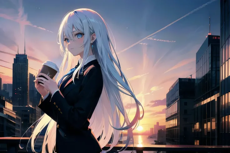 (masterpiece), (best quality), ultra detailed, finely detailed color, cenematic painting, ((holding coffee)), urban, sunset, twilight, dusk, rooftop, cityscape, bishoujo, ((one lady)), ager, cute face, white hair, absurdly long hair, straight hair, ((deep ...