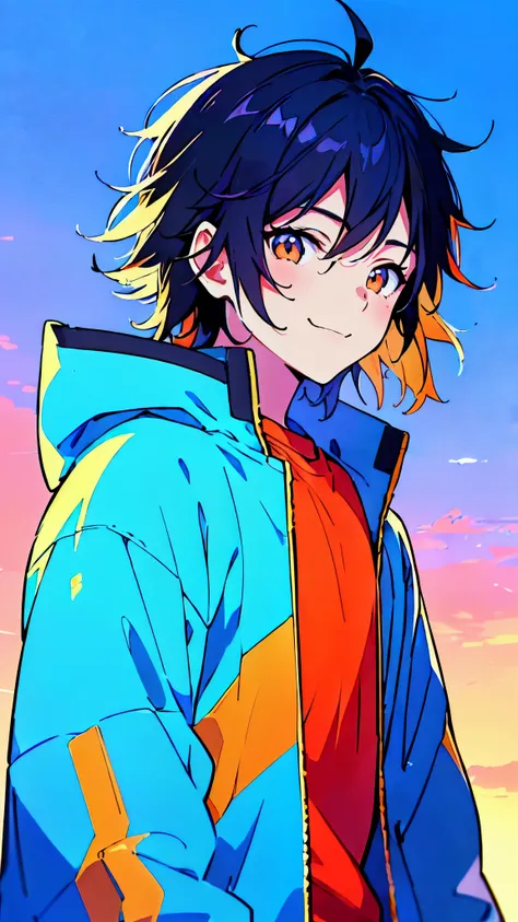 [(CITYPOP BACKGROUND:1.5),::5], ((((masterpiece)))), high quality, ultra very high resolution, full color, (((solo))), ((little younger boy)), (men's Short Black hair), (Blue streaked hair), (Sunset Orange eyes), anime, ((upper body)), Summer clothes, neon...