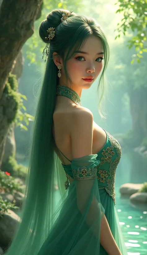 Xiaowu Chinese dress,big breast,Long hair, blue eyes, green hair
