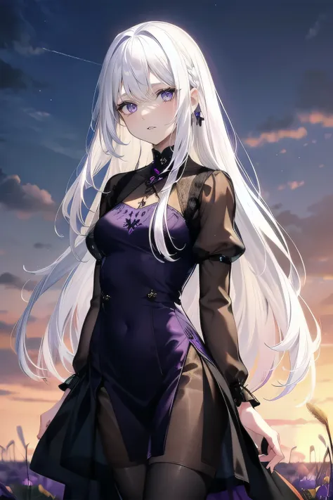 (masterpiece), (best quality), ultra detailed, finely detailed color, cenematic painting, smile, slender body, small chest, outdoor, wheat field, sunset, evening, dusk, twilight, vesper, bishoujo, ((one lady)), 20 years old girl, cute face, ((white hair:1....