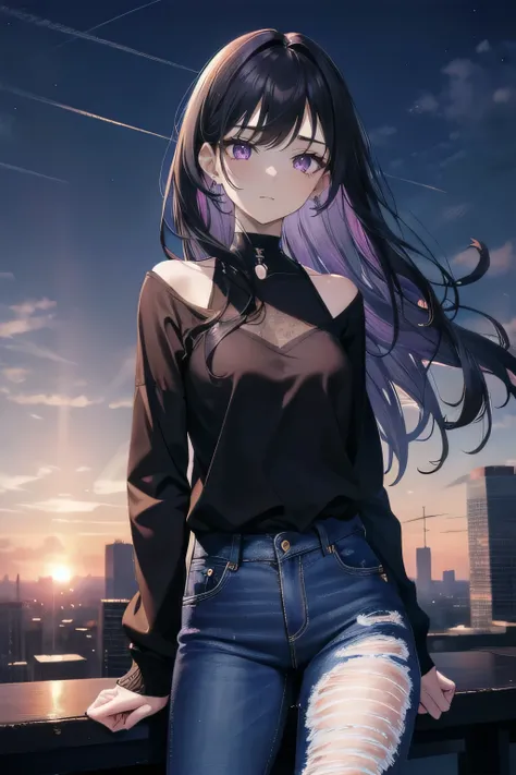 (masterpiece), (best quality), ultra detailed, finely detailed color, cenematic painting, bishoujo, model, ((one lady)), 20 years old, cute face, black hair, absurdly long hair, straight hair, violet eyes, purple eyes, standing, chocker, black hood zip-up,...