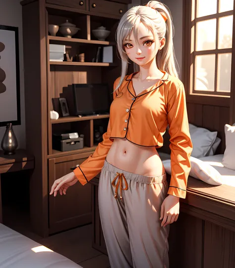 masterpiece, best quality, high detail, high resolution, 3d, ultra-realistic, 1 girl, gray hair, orange eyes, pajamas, midriff, long pants, indoors, home, small smile, standing, cowboy shot