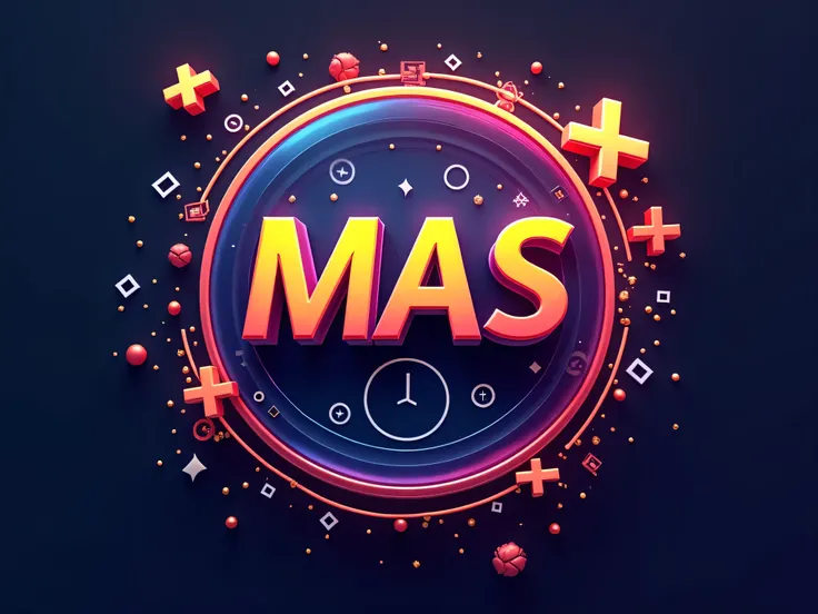 Create a circular 3d logo in png format,  that has the word  "MAS" in capital letters,  add a sign of +  in the background ,  creative ,  With striking colors, inviting, Intense, modern.
