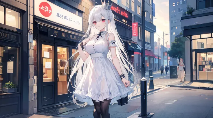  Delicate Eyes ），（Clear and beautiful eyes：1.61）， masterpiece，（ black clothes in front of the store）， long white hair ，Good Hand， full-body photo ，Light Blue，（ red eyes：1.466），short，（ very big breasts：1.35），（ pretty face ），（ full-body photo ：1.33），Beautifu...