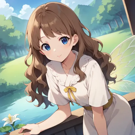 score_9, score_8_up, score_7_up, source_anime,
Lily white, ai shindou, long hair, blue eyes, brown hair, wavy hair,lily white outfit, fairy wings,
indoors, bent over, smile, japanese temple, sit on a lake,
looking at viewer, cowboy shot, dutch angle, solo,