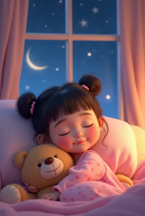 "A cute, Uwu, , with her hair in two buns on top and bangs framing her face, clear hair fiber, beautiful cute girl, cheeks flushed. She is wearing a pink pajama with polka dot patterns, sleeping peacefully on a cozy sofa while hugging a teddy bear. Her exp...