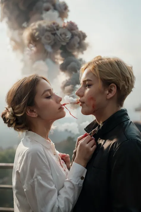 make it like second picture but they looking away from each other, add blood on the rose, and the one who holding the rose is blonde hair girl, and add smoke and mist intertwine in the background, make the clothes more pretty like a vintage
