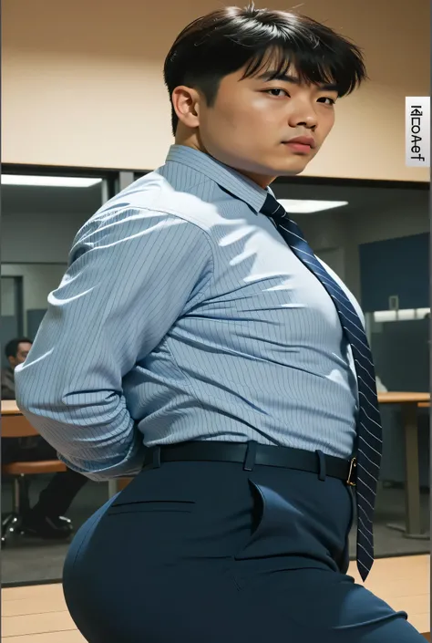 40-year-old boy ,Korean bulky male officer ,Wear navy blue police uniform shirt................ pinstripe navy blue smooth tight trouser, transparent pants obvious underwear print ,((unrealistic super big tight butt wearing pants)), legs wide open, legs on...