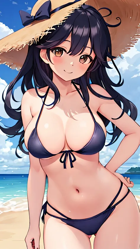   Best Quality ,  masterpiece, ushio_kantaicollection，
 long_hair, black_hair, ahoge, brown_eyes,clarge breasts，black bikini，navel，beach，hanging breasts，bend over，Hips，from side，light smile