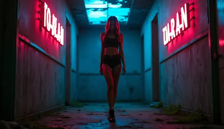 A stunning, beautiful woman in her twenties, with a slim, toned body and long, graceful legs, exploring an eerie, abandoned mansion. The atmosphere is dark and mysterious, with soft beams of moonlight filtering through broken windows. Neon signs flicker on...