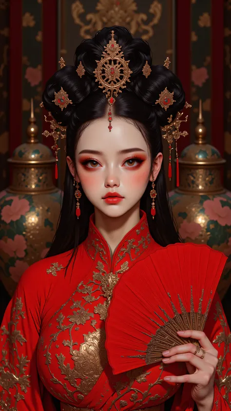 8k, masterpiece, highest quality, Asian woman, traditional Chinese style, red qipao dress, red folding fan, intricate hairstyle with buns, dramatic eye makeup, surrounded by decorative vases, vibrant colors, studio photography, fashion portrait, cultural f...