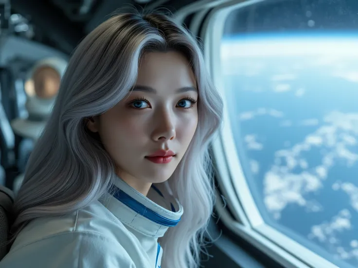  Masterpiece  ,Space and astronauts, wavy long silver hair ,  blue eyes , , a female astronaut works inside a spaceship ,  futuristic high-tech space station. behind her are the huge windows of the space station , focus on face 