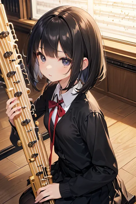 ((((Petite:1.5)))),(black medium length hair:1.5),,,(playing Vertical flute:1.5),,(verysmall breasts:1.5),,(school music room:1.3)