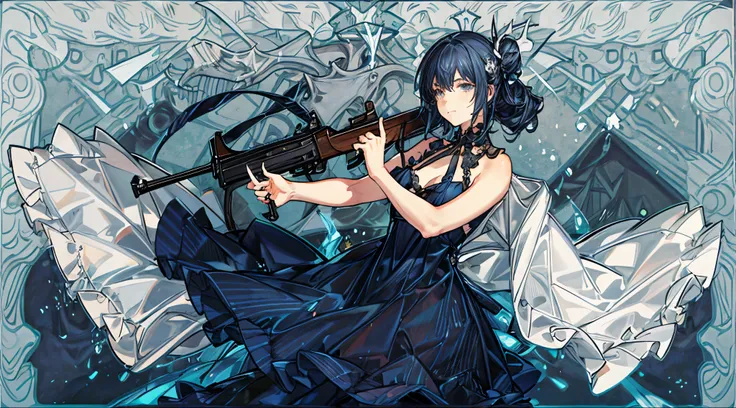 masterpiece, best quality, extremely detailed, hyperrealistic, photorealistic, a beautiful german 20s woman, ultra detailed face, half updo:1.1, dark blue hair, dark blue dress, holding long gun, dancing, strenuous movements, serene
