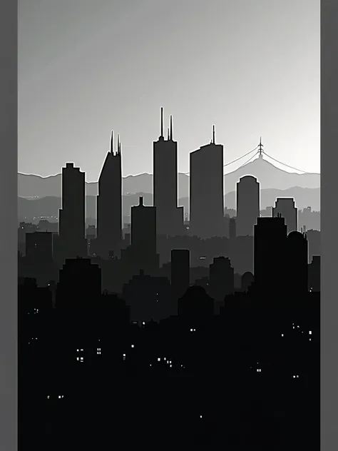 Create a black and white image of the silhouette of the city of Caracas at dusk with sharp lines