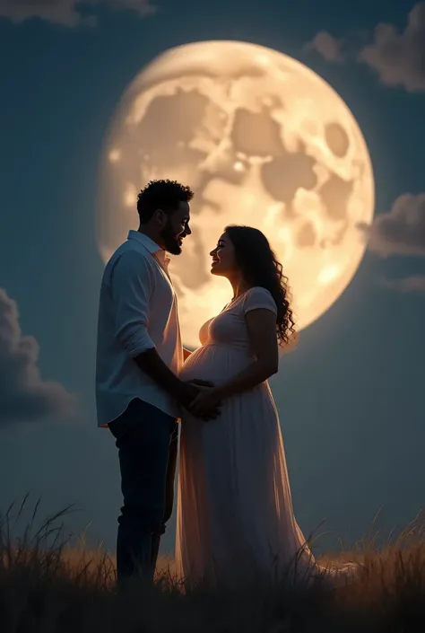  A black man and his white pregnant girlfriend holding her stomach with joy at the giant moon