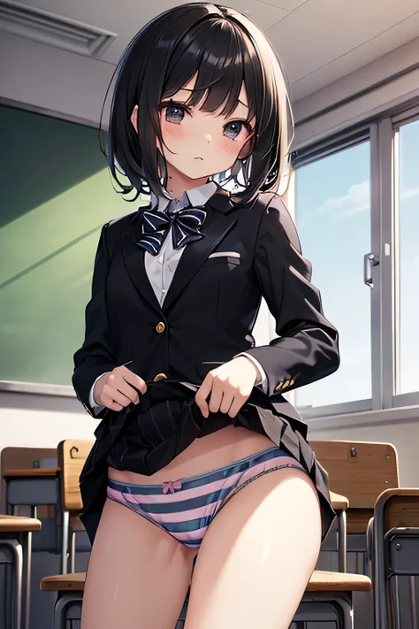 ((((Petite:1.5)))),(black medium length hair:1.5),,(school blazer:1.3),
,(skirt lift:1.3),(striped panties:1.5),
,(verysmall breasts:1.5),(shyness:1.5),,(school music room:1.3)