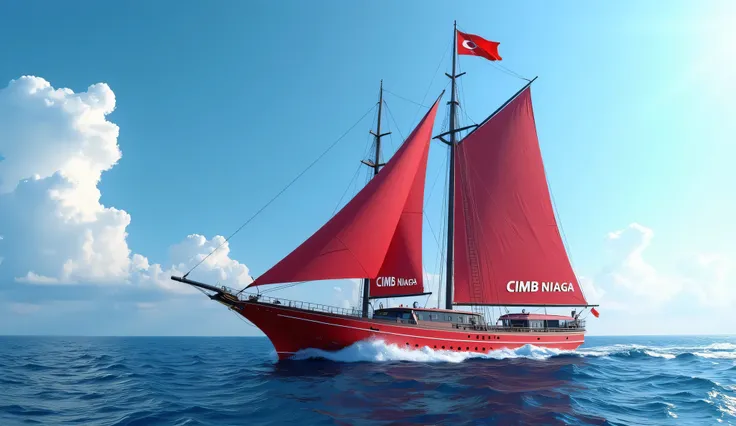 realistic image of a bank in the form of ship (cimb niaga bank, use the logo and exact word), red color, navigating blue ocean