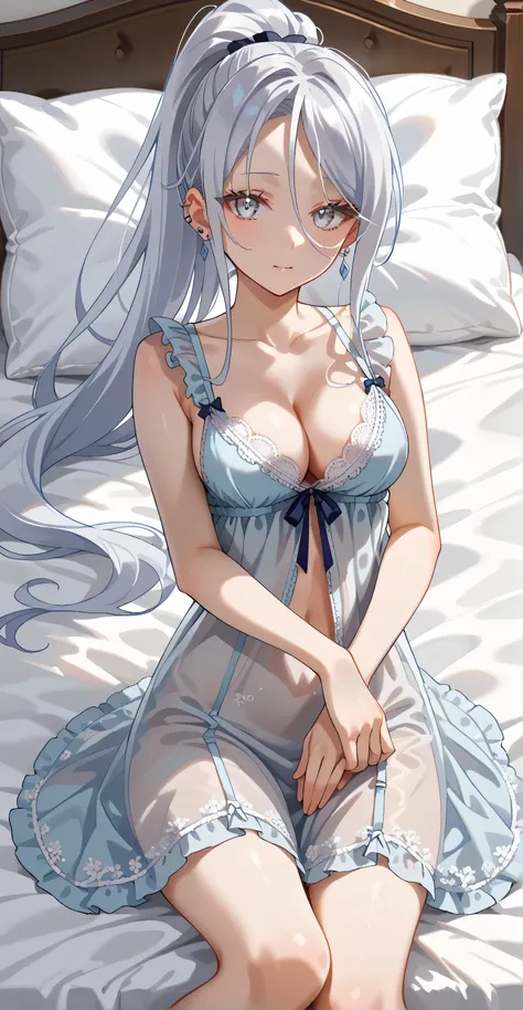 sylpha , (long hair, silver hair, ponytail), silver eyes, earrings, ear piercing, multicolored hair, score_9, score_8_up, score_7_up, source_anime, masterpiece,best quality, medium breasts, shy, ((nightdress, transparent, cleavage)) cool face, looking at v...