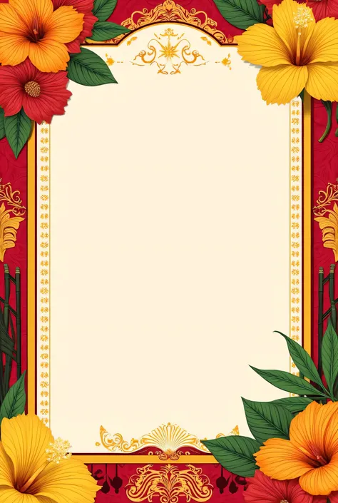 Design a vibrant and elegant invitation card for a cultural event celebrating the Philippines. The layout should feature traditional Filipino elements, such as the Barong Tagalog and the Balintawak dress, symbolizing the national costume. Incorporate vibra...